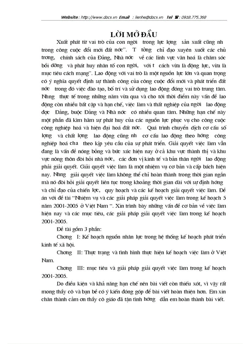 Nhiệm vụ và các giải pháp giải quyết việc làm trong kế hoạch 5 năm 2001 2005 ở Việt Nam