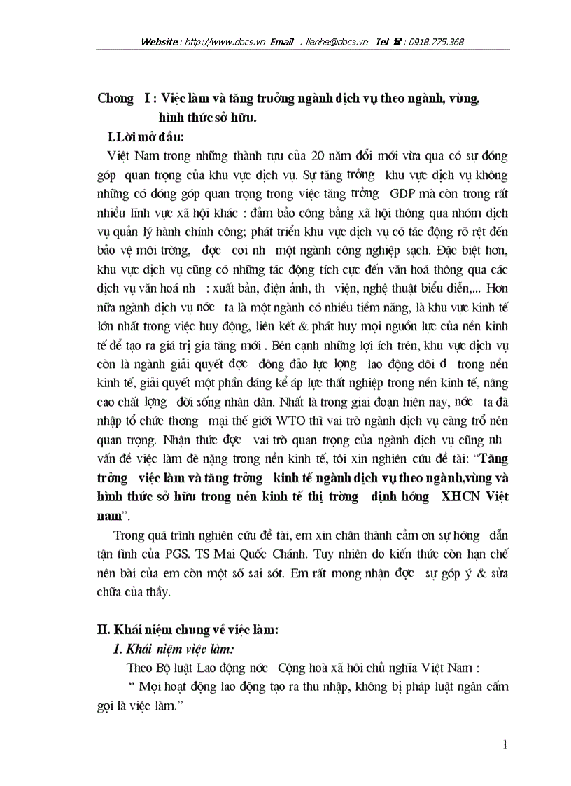 Tăng trưởng việc làm và tăng trưởng kinh tế ngành dịch vụ theo ngành vùng và hình thức sở hữu trong nền kinh tế thị trường định hướng XHCN Việt nam