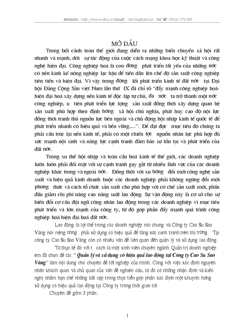 Quản lý và sử dụng có hiệu quả lao động tại Công ty Cao Su Sao Vàng