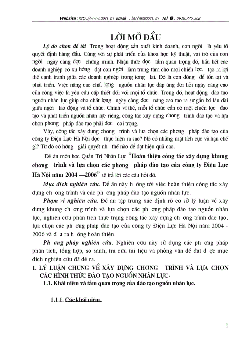 Hoàn thiện công tác xây dựng khung chương trình và lựa chọn các phương pháp đào tạo của công ty Điện Lực Hà Nội năm 2004 2006