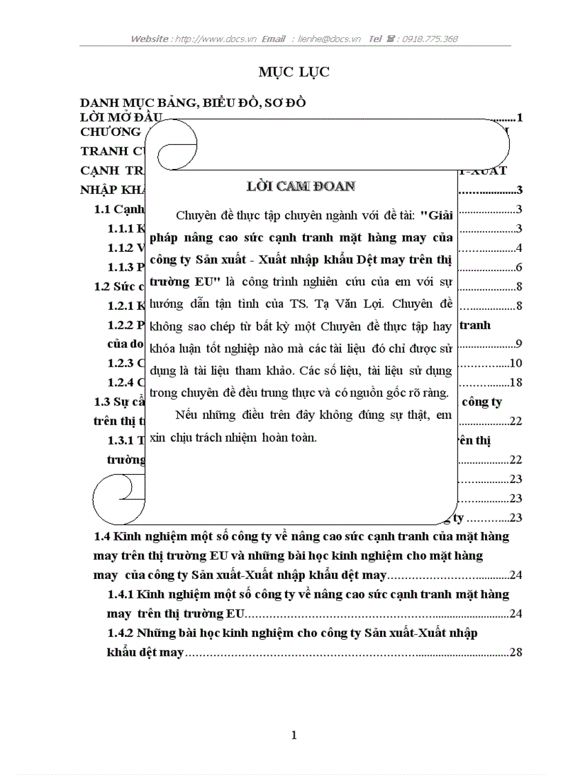 Giải pháp nâng cao sức cạnh tranh mặt hàng may của công ty Sản xuất Xuất nhập khẩu dệt may trên thị trường EU