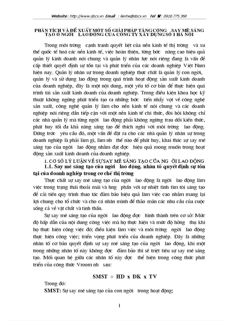 Phân tích và đề xuất một số giải pháp tăng cường say mê sáng tạo ở người lao động của công ty xây dựng số 1 hà nội