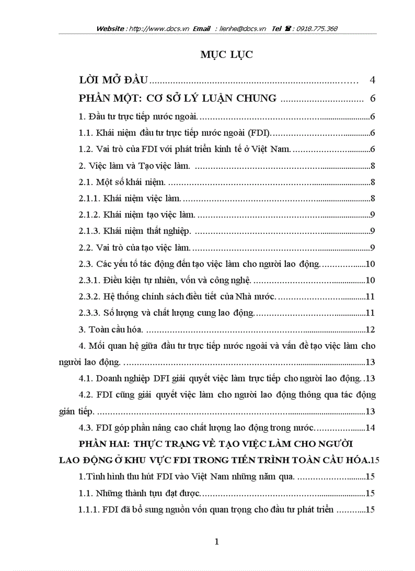 Đầu tư trực tiếp nước ngoài với vấn đề tạo việc làm cho người lao động việt nam trong tiến trènh toàn cầu hoá