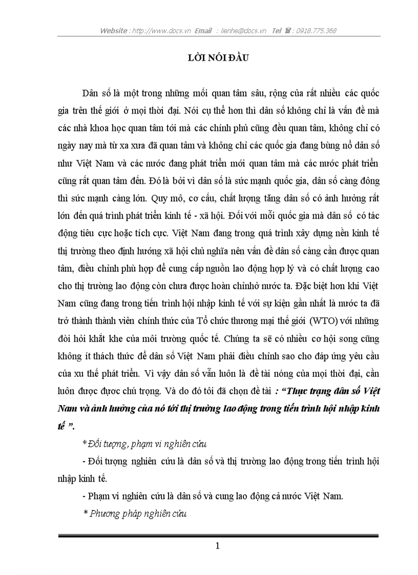 Thực trạng dân số Việt Nam và ảnh hưởng của nó tới thị trường lao động trong tiến trình hội nhập kinh tế