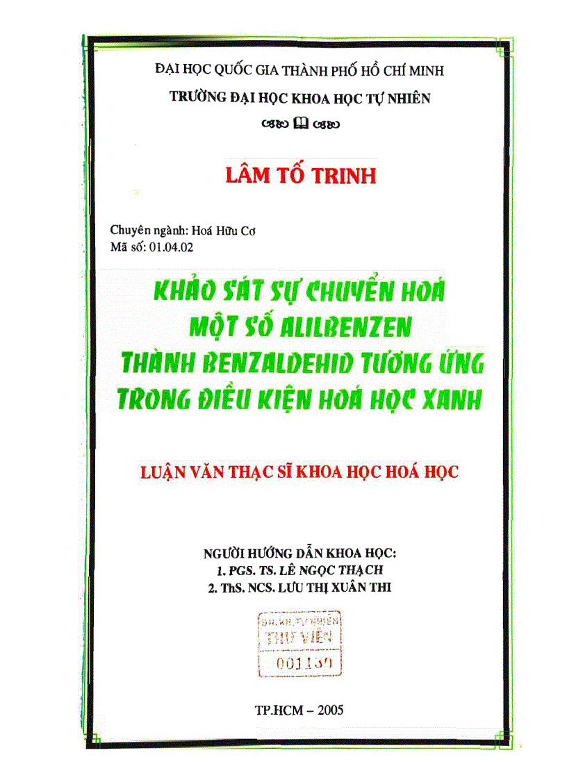 Khảo sát sự chuyển hóa một số alilbenzen thành benzaldehid tương ứng trong điều kiện hóa học xanh