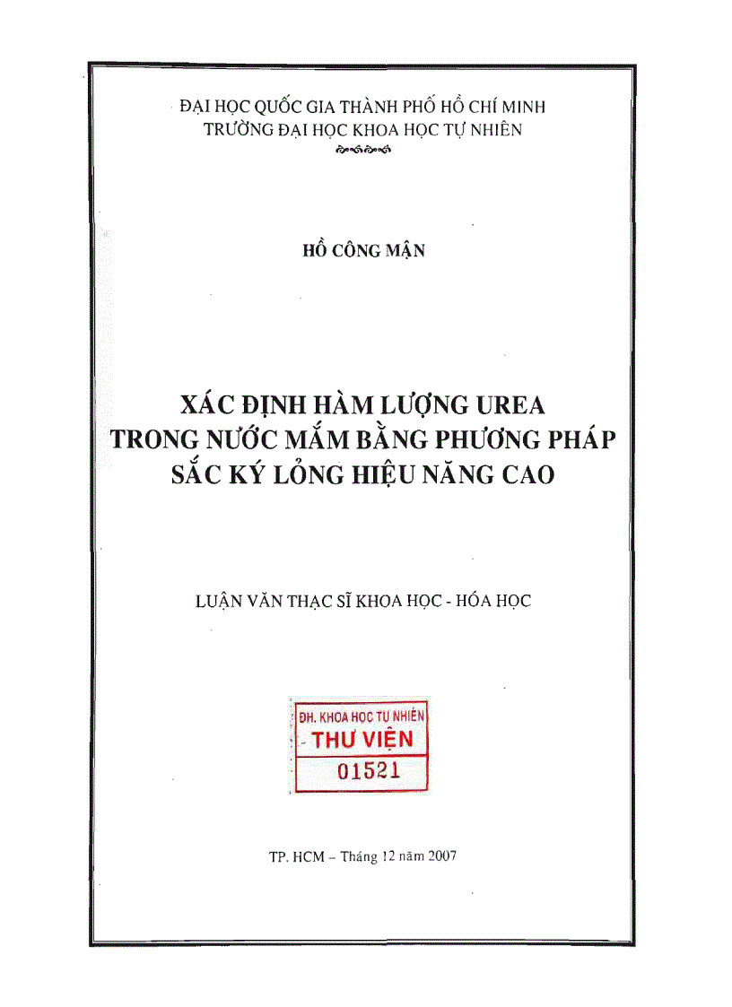 Xác định hàm lượng urea trong nước mắm bằng phương pháp sắc ký lỏng hiệu năng cao