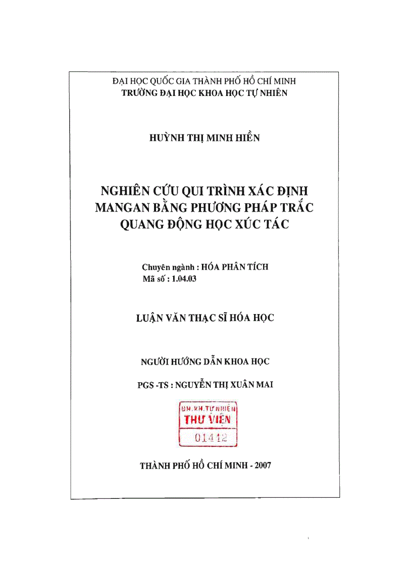 Nghiên cứu qui trình xác định mangan bằng phương pháp trắc quang động học xúc tác