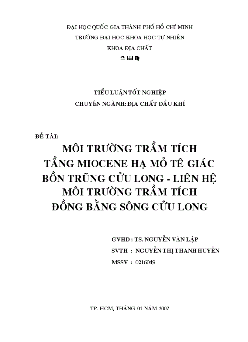 Môi trường trầm tích tầng miocene hạ mỏ tê giác bồn trũng cửu long liên hệ môi trường trầm tích đồng bằng sông cửu long