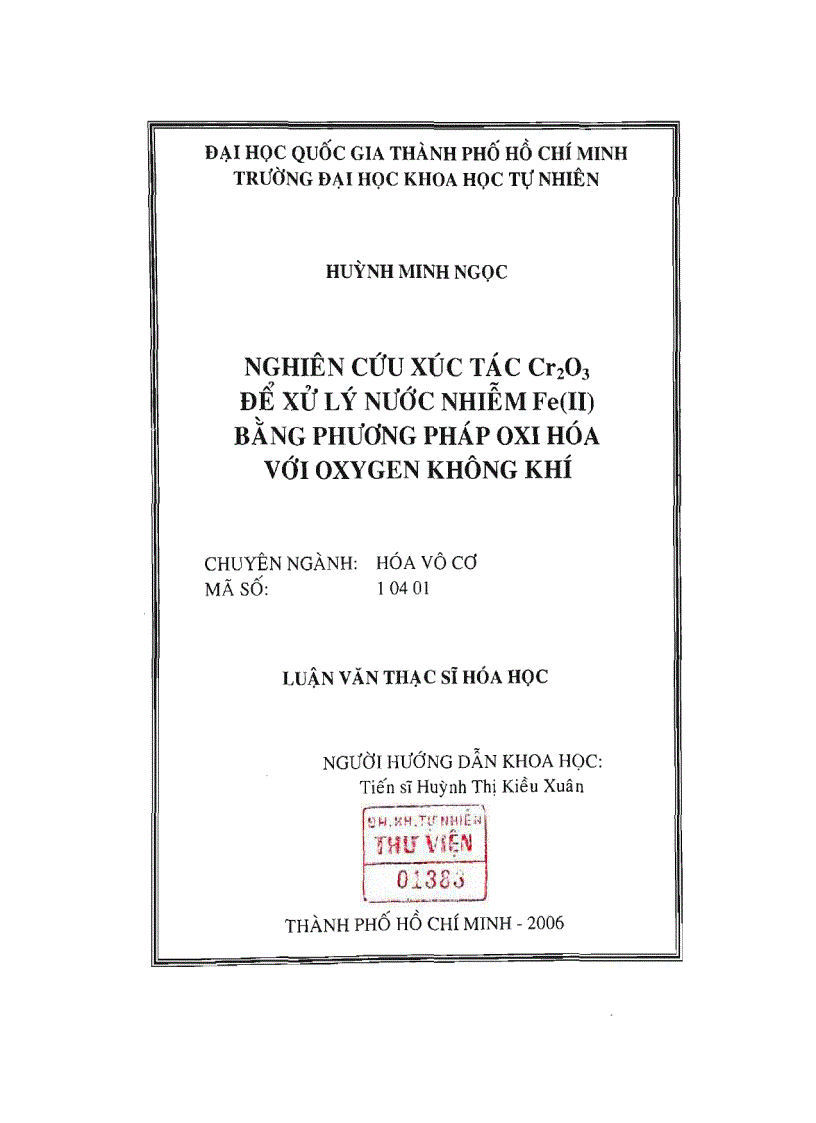 Nghiên cứu xúc tác Cr2O3 để xử lý nước nhiễm Fe II bằng phương pháp oxi hóa với oxygen không khí