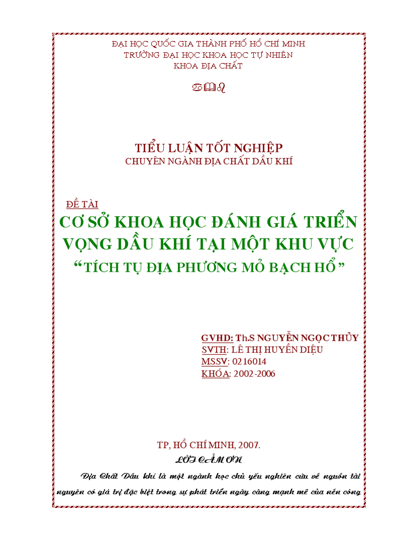 Cơ sở khoa học đánh giá triển vọng dầu khí tại một khu vực tích tụ địa phương mỏ bạch hổ