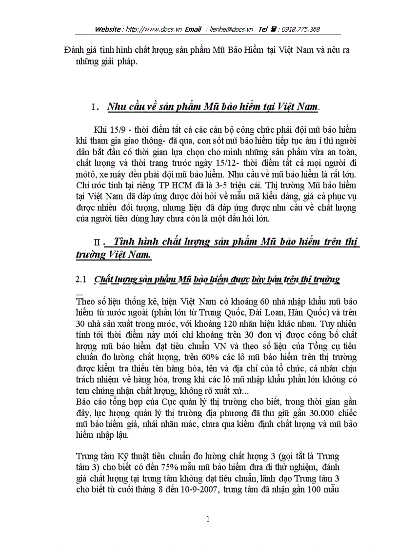 Đánh giá tình hình chất lượng sản phẩm Mũ Bảo Hiểm tại Việt Nam và nêu ra những giải pháp
