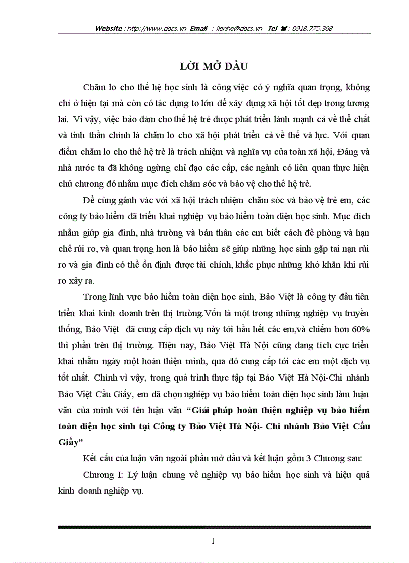 Giải pháp hoàn thiện nghiệp vụ bảo hiểm toàn diện học sinh tại C ty Bảo Việt Hà Nội Chi nhánh Bảo Việt Cầu Giấy