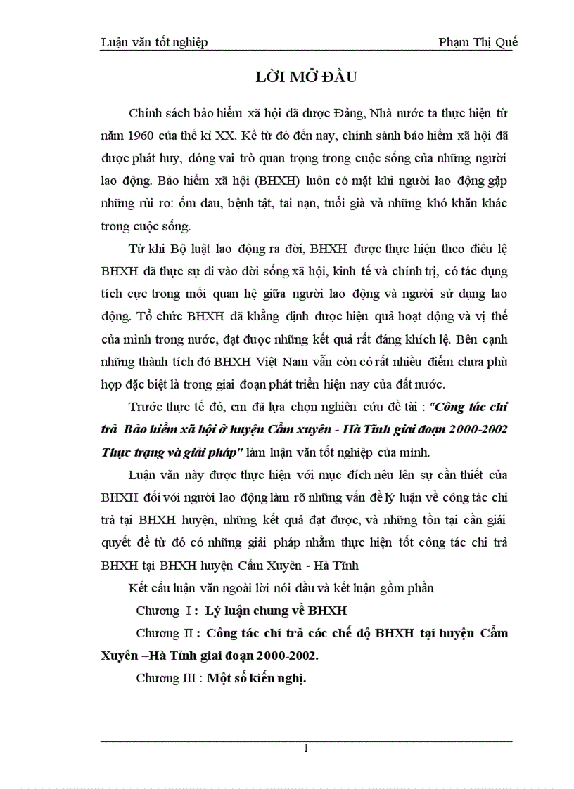 Công tác chi trả BHXH ở huyện Cẩm Xuyên Hà Tĩnh giai đoạn 2000 2002 Thực trạng và giải pháp