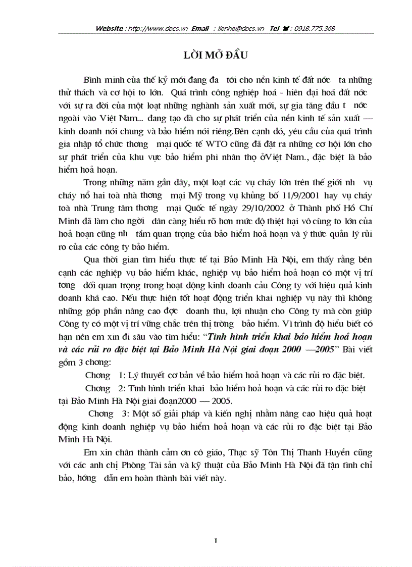 Tình hình triển khai bảo hiểm hoả hoạn các rủi ro đặc biệt tại Bảo Minh Hà Nội giai đoạn 2000 2005