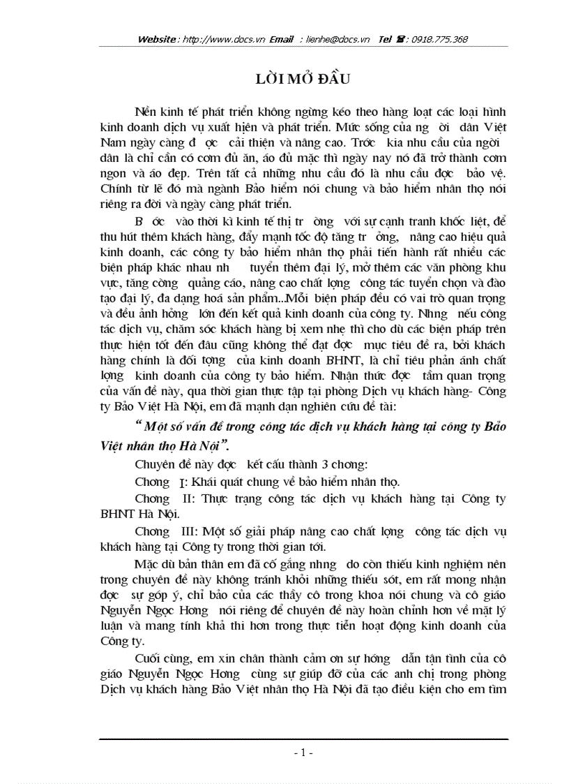 1số vấn đề trong công tác dịch vụ khách hàng tại C ty Bảo Việt nhân thọ Hà Nội