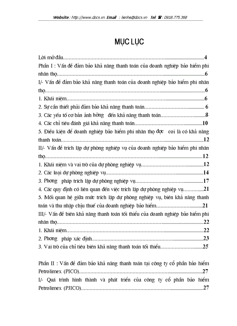 1số vấn đề về đảm bảo khả năng thanh toán của C ty CP bảo hiểm Petrolimex PJICO