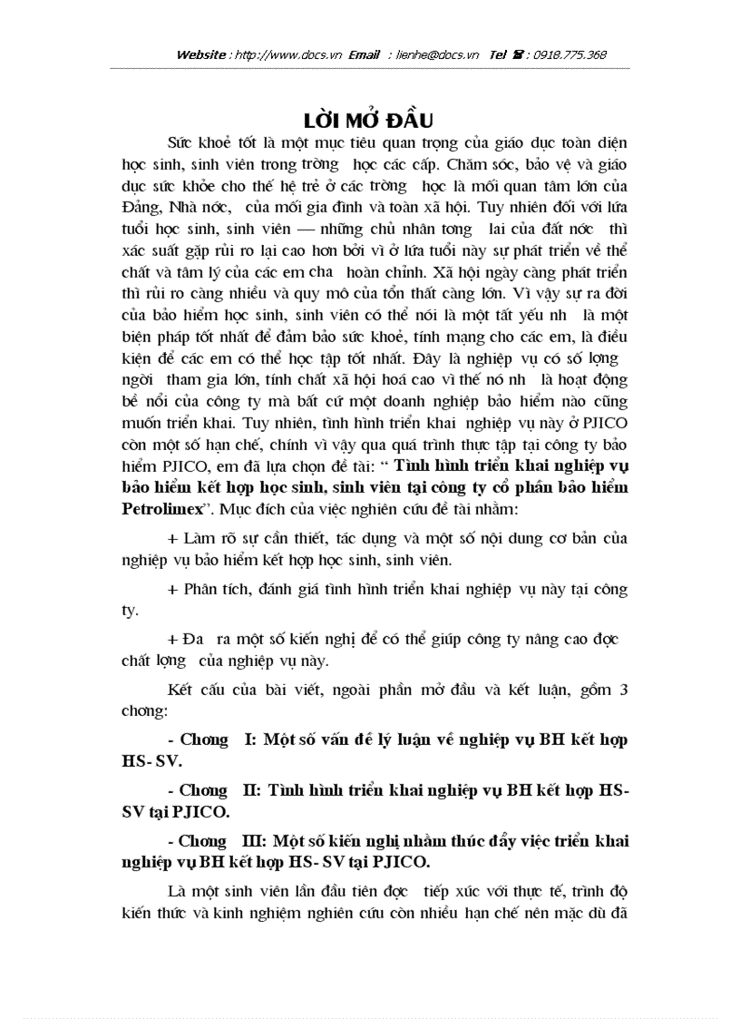 Tình hình triển khai nghiệp vụ bảo hiểm kết hợp học sinh sinh viên tại C ty CP bảo hiểm Petrolimex