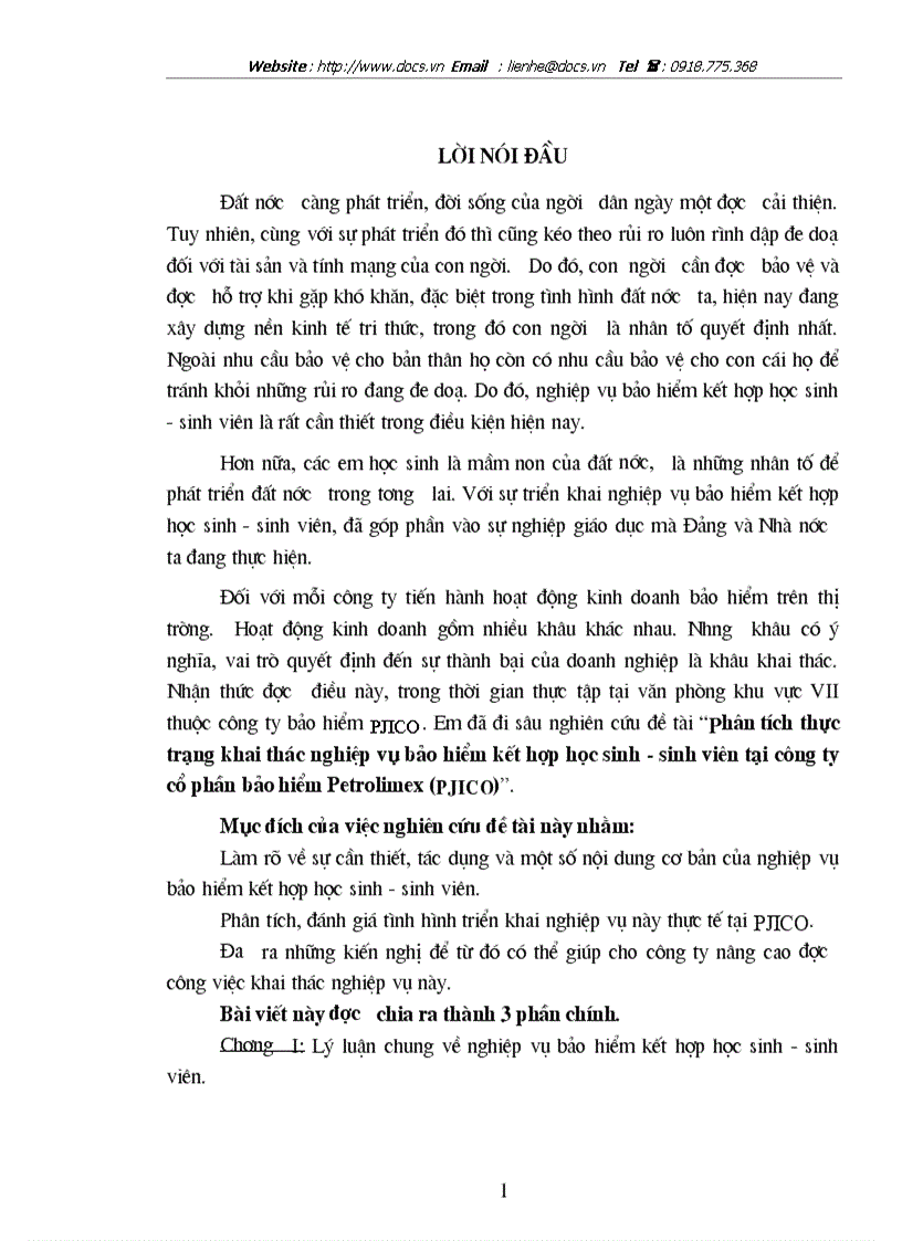 Thực trạng khai thác nghiệp vụ bảo hiểm kết hợp học sinh sinh viên tại C ty CP bảo hiểm Petrolimex PJICO