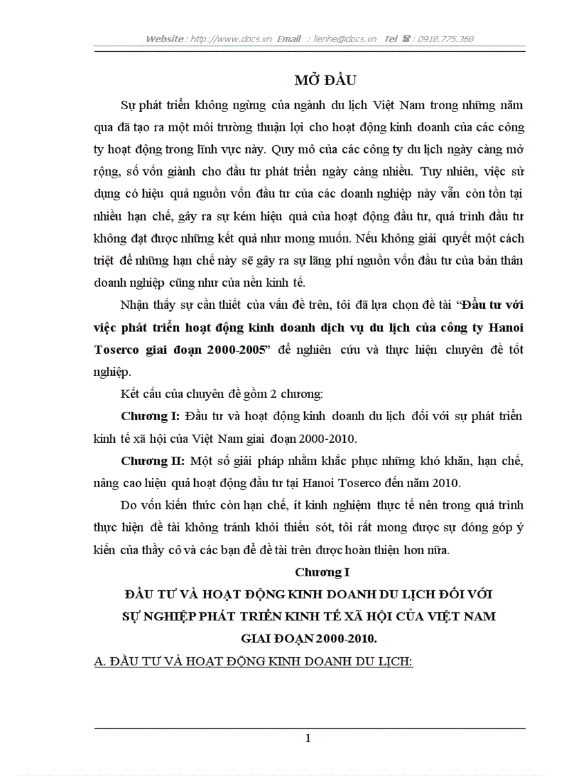 Đầu tư với việc phát triển hoạt động kinh doanh dịch vụ du lịch của công ty Hanoi Toserco giai đoạn 2000 2005