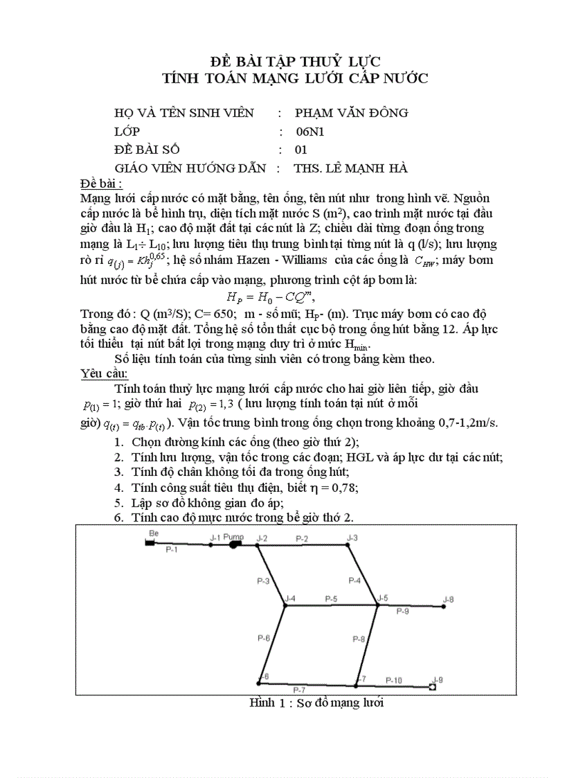 Bài tập lớn Thủy lực Tính toán mạng lưới cấp nước
