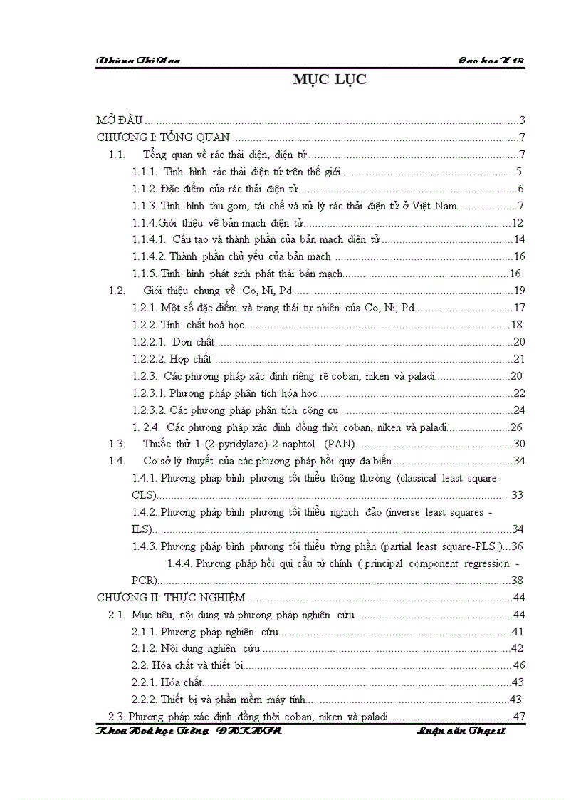 Xác định đồng thời Ni Co Pd trong bản mạch điện tử bằng phương pháp trắc quang với thuốc thử PAN sử dụng thuật toán hồi quy đa biến