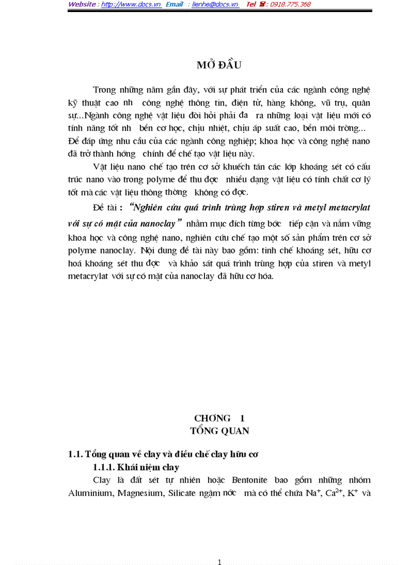 Nghiên cứu quá trình trùng hợp stiren và metyl metacrylat với sự có mặt của nanoclay
