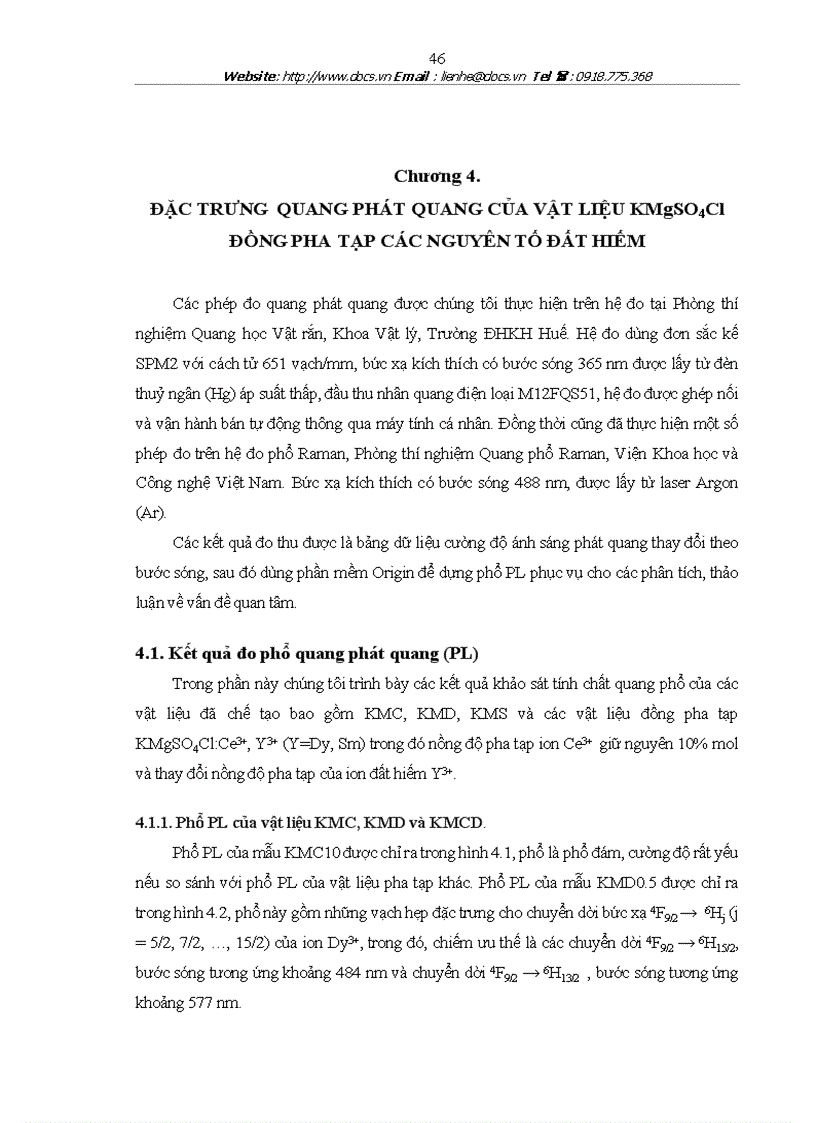ĐẶC TRƯNG QUANG PHÁT QUANG CỦA VẬT LIỆU KMgSO4Cl ĐỒNG PHA TẠP CÁC NGUYÊN TỐ ĐẤT HIẾM