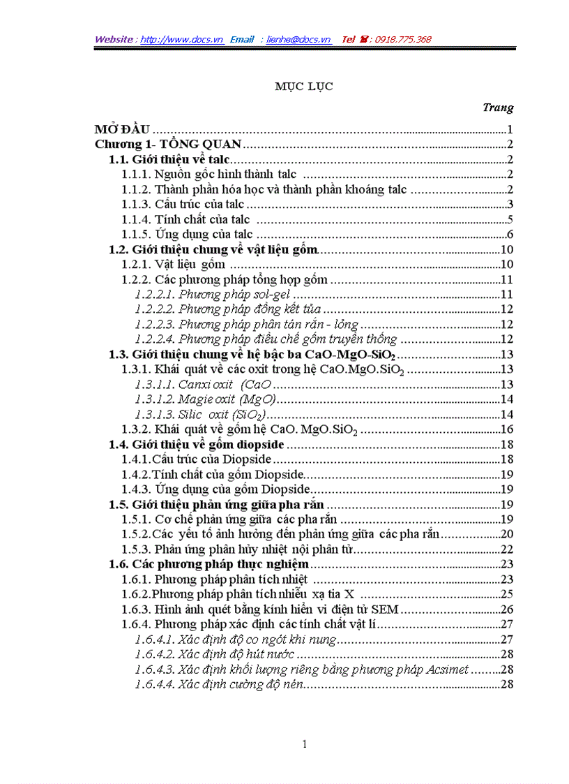 Tổng hợp vật liệu gốm diopzit CaO MgO 2SiO2 và nghiên cứu ảnh hưởng của talc đến cấu trúc tính chất của vật liệu
