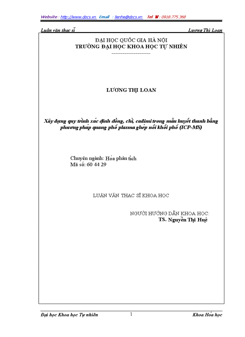 Xây dựng quy trình xác định đồng chì cadimi trong huyết thanh bằng phương pháp quang phô plasma ghe p nô i khô i phô ICP MS