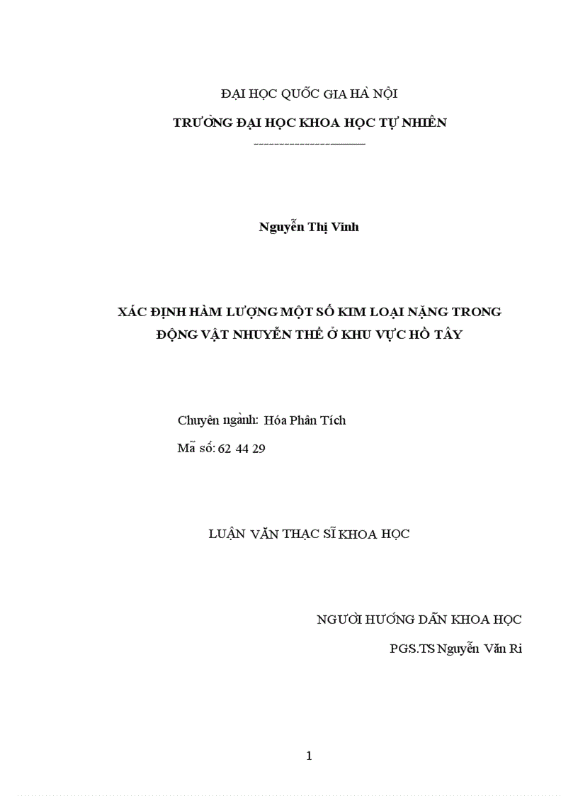 Xác định hàm lượng một số kim loại nặng trong động vật nhuyễn thể ở khu vực Hồ Tây