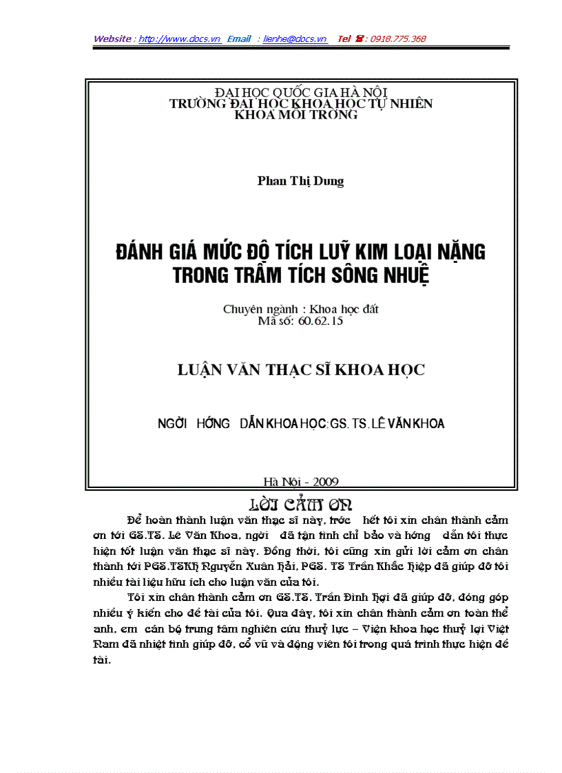 Đánh giá mức độ tích luỹ kim loại nặng trong trầm tích sông nhuệ