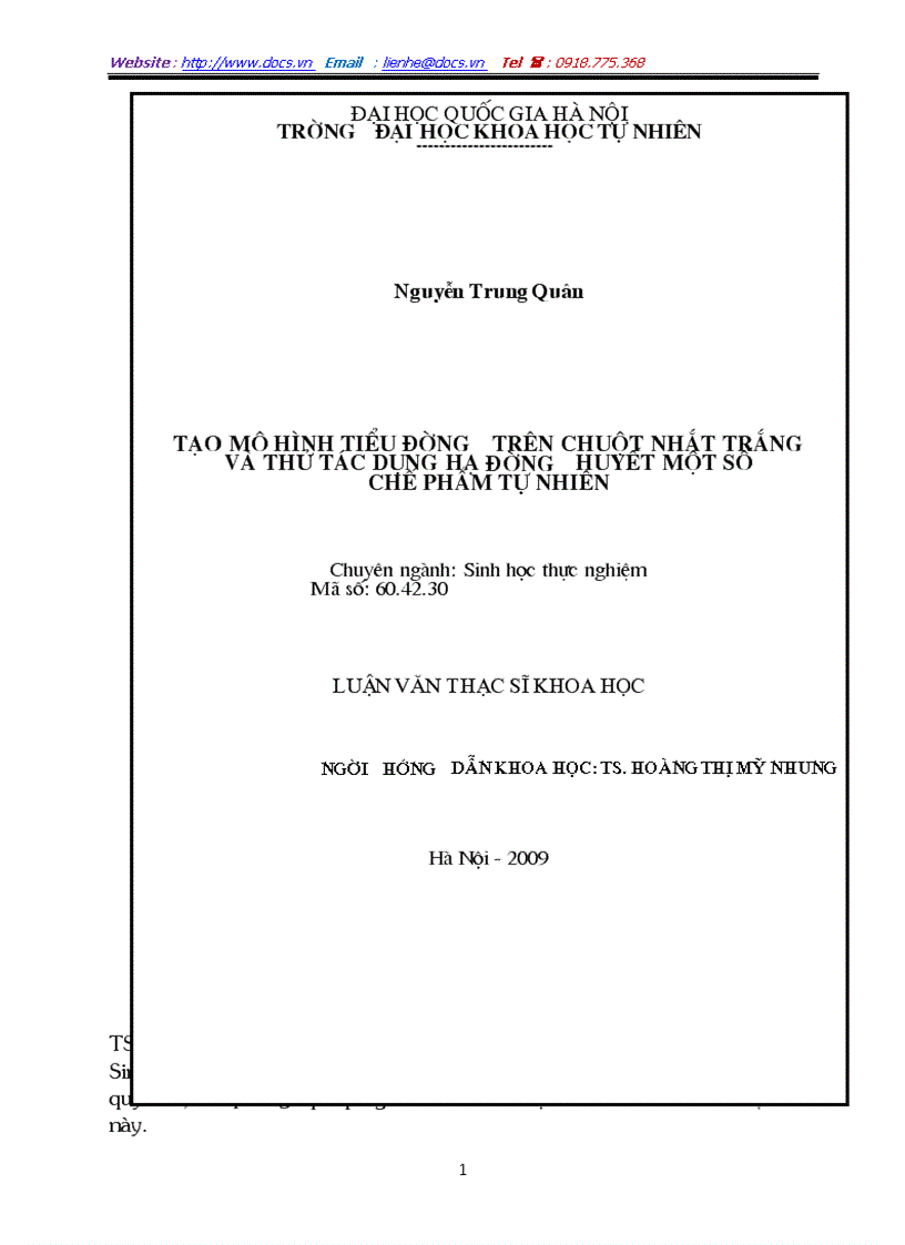 Tạo mô hình tiểu đường trên chuột nhắt trắng và thử tác dụng hạ đường huyết một số chế phẩm tự nhiên