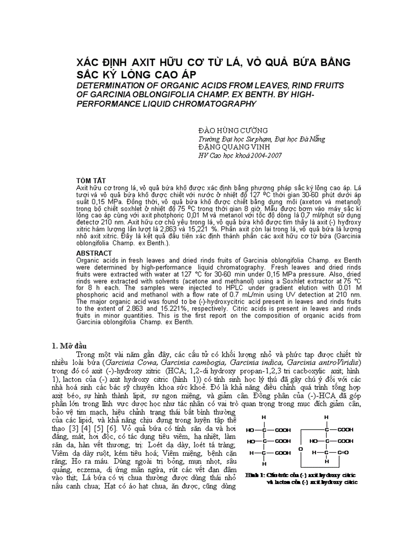 Xác định axit hữu cơ từ lá vỏ quả bứa bằng sắc ký lỏng cao áp