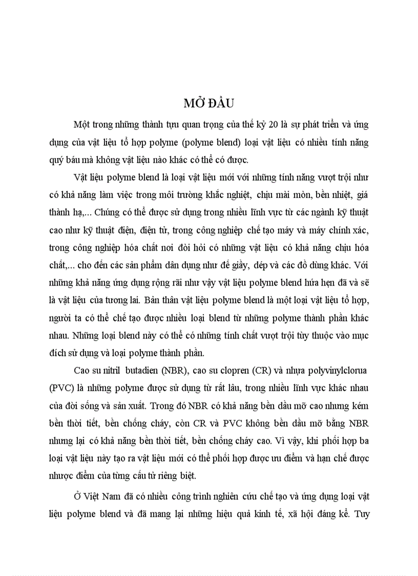 Nghiên cứu chế tạo vật liệu cao su blend bền dầu mỡ và môi trường trên cơ sở cao su nitril butadiene nbr cao su cloropen cr và nhựa polyvinylclor