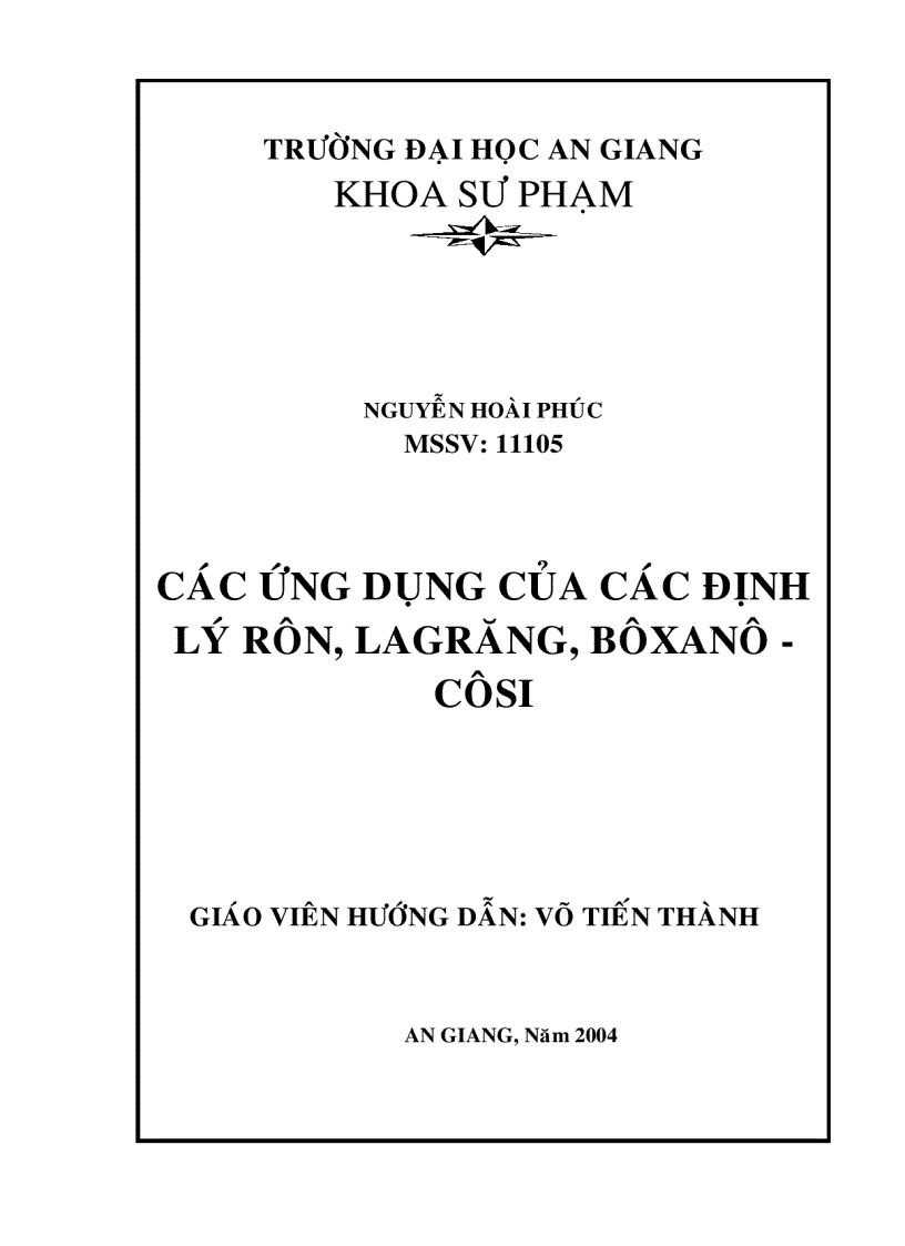 Các ứng dụng của các định lý Rôn Lagrăng Bôxanô côsi