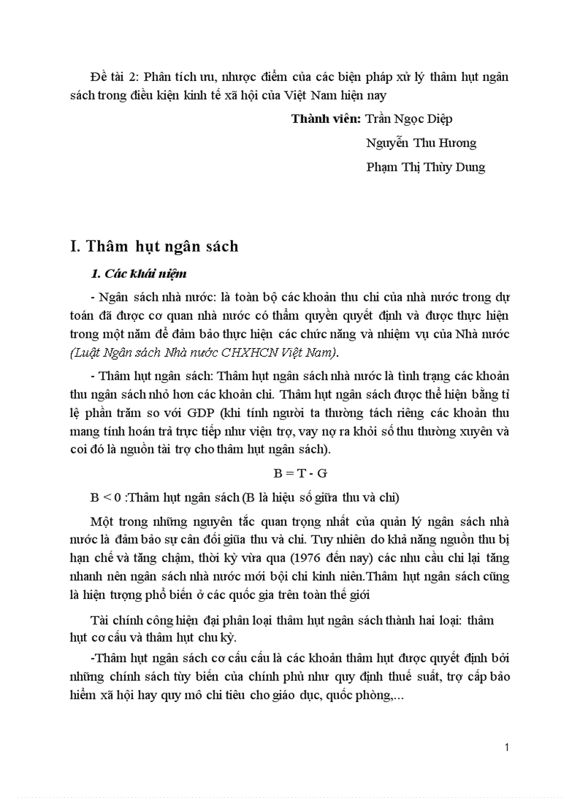 Phân tích ưu nhược điểm của các biện pháp xử lý thâm hụt ngân sách trong điều kiện kinh tế xã hội của Việt Nam hiện nay