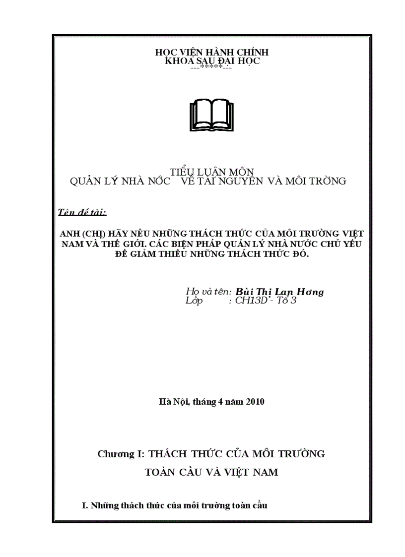 Những thách thức của môi trường Việt Nam và Thế giới các biện pháp quản lý nhà nước chủ yếu để giảm thiểu những thách thức đó
