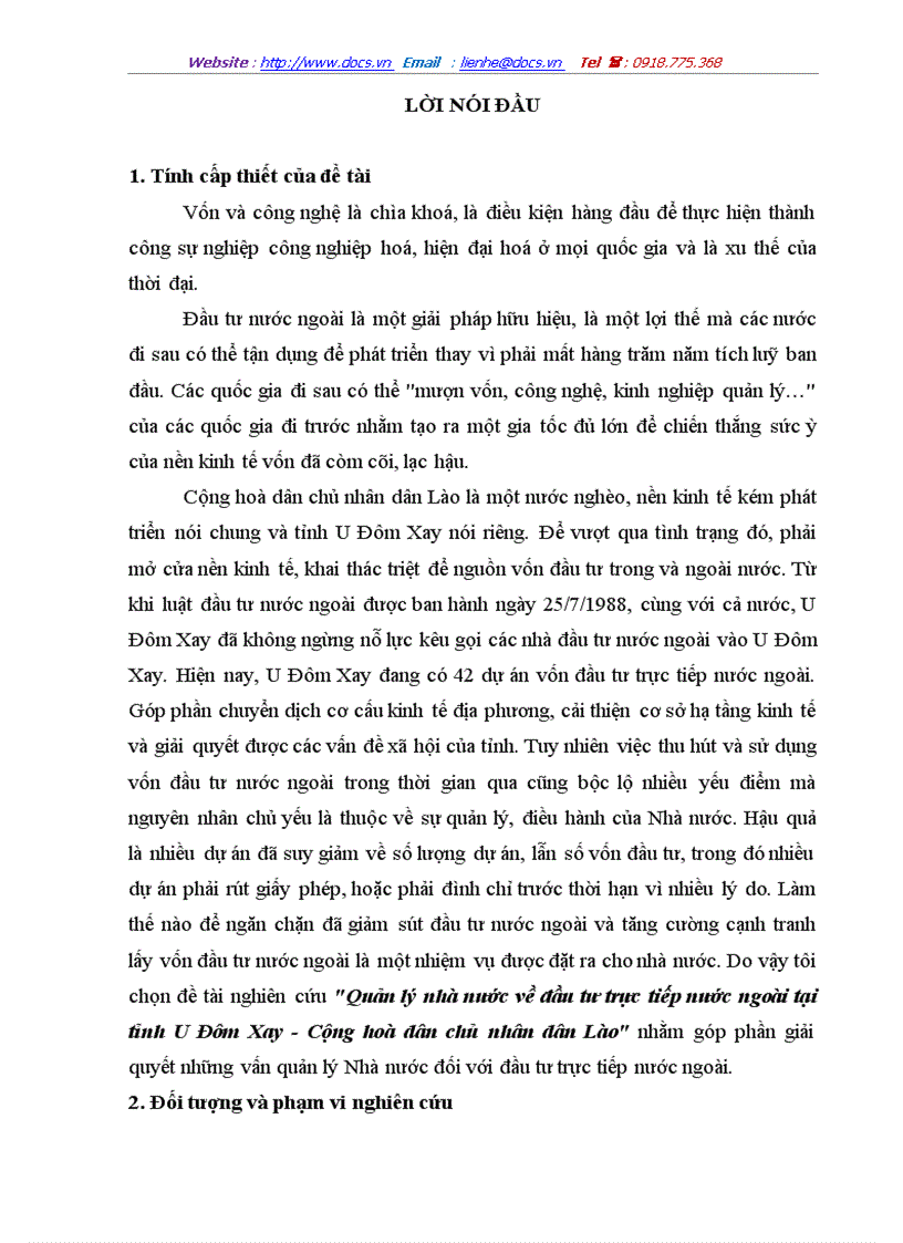 Quản lý nhà nước về đầu tư trực tiếp nước ngoài tại tỉnh U Đôm Xay Cộng hoà dân chủ nhân dân Lào