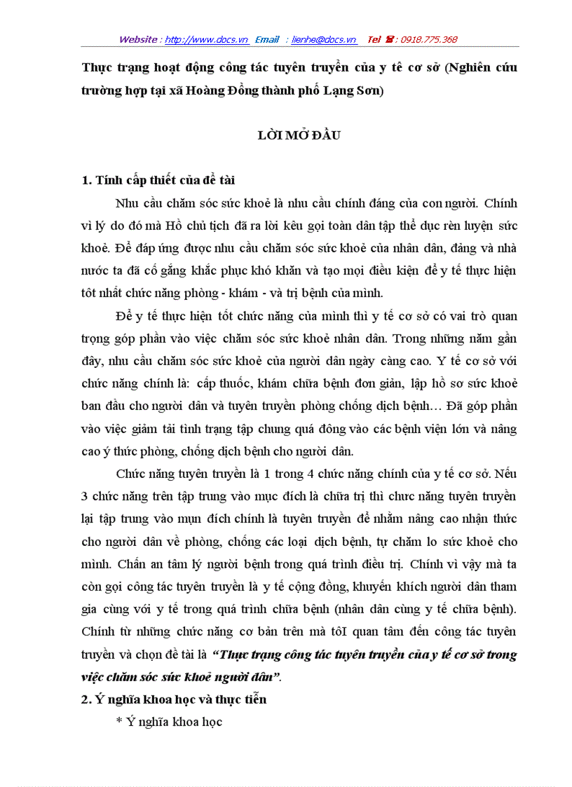 Thực trạng hoạt động công tác tuyên truyền của y tê cơ sở Nghiên cứu trường hợp tại xã Hoàng Đồng thành phố Lạng Sơn
