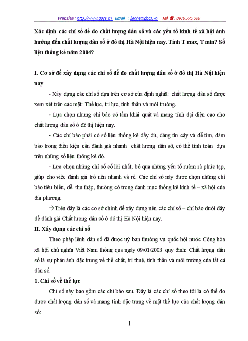 Xác định các chỉ số để đo chất lượng dân số và các yếu tố kinh tế xã hội ảnh hưởng đến chất lượng dân số ở đô thị Hà Nội hiện nay Tính T max T min