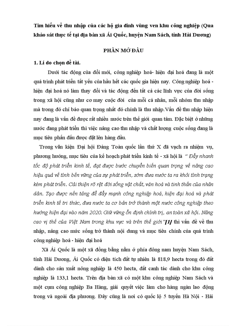 Tìm hiểu về thu nhập của các hộ gia đình vùng ven khu công nghiệp Qua khảo sát thực tế tại địa bàn xã Ái Quốc huyện Nam Sách tỉnh Hải Dương