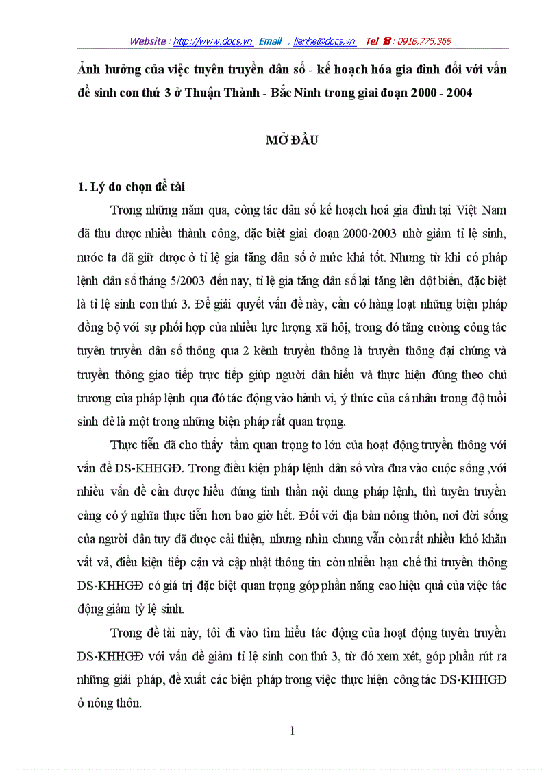 Ảnh hưởng của việc tuyên truyền dân số kế hoạch hóa gia đình đối với vấn đề sinh con thứ 3 ở Thuận Thành Bắc Ninh trong giai đoạn 2000 2004