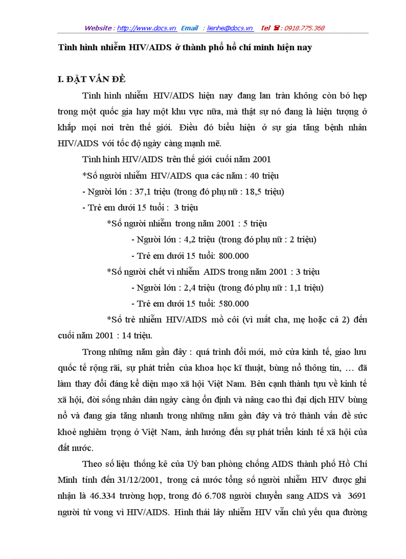 Tình hình nhiễm HIV AIDS ở thành phố hồ chí minh hiện nay