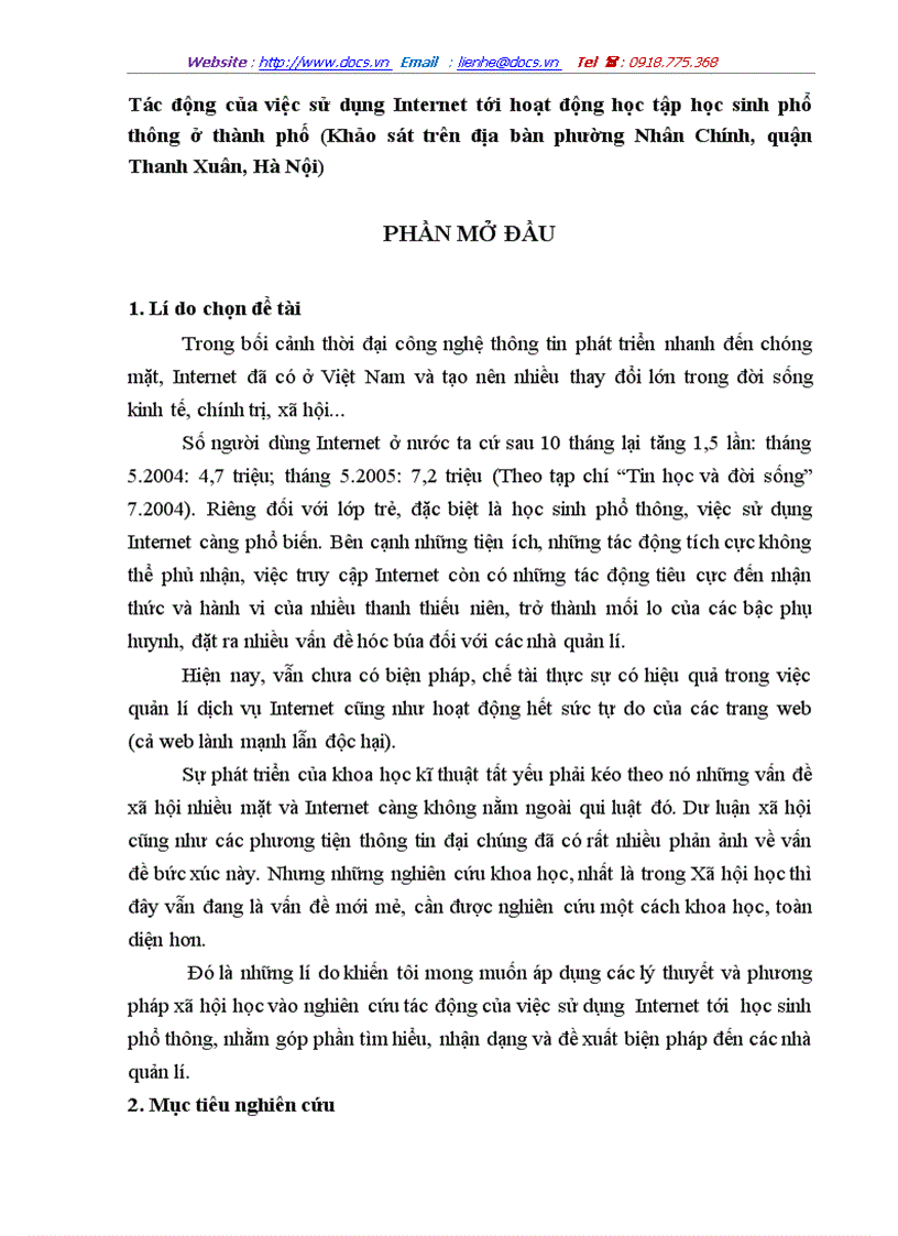 Tác động của việc sử dụng Internet tới hoạt động học tập học sinh phổ thông ở thành phố Khảo sát trên địa bàn phường Nhân Chính quận Thanh Xuân