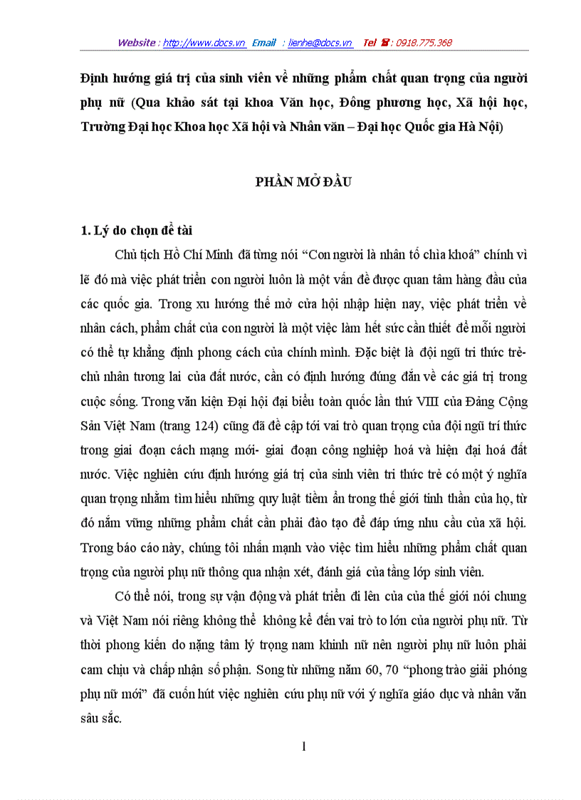 Định hướng giá trị của sinh viên về những phẩm chất quan trọng của người phụ nữ