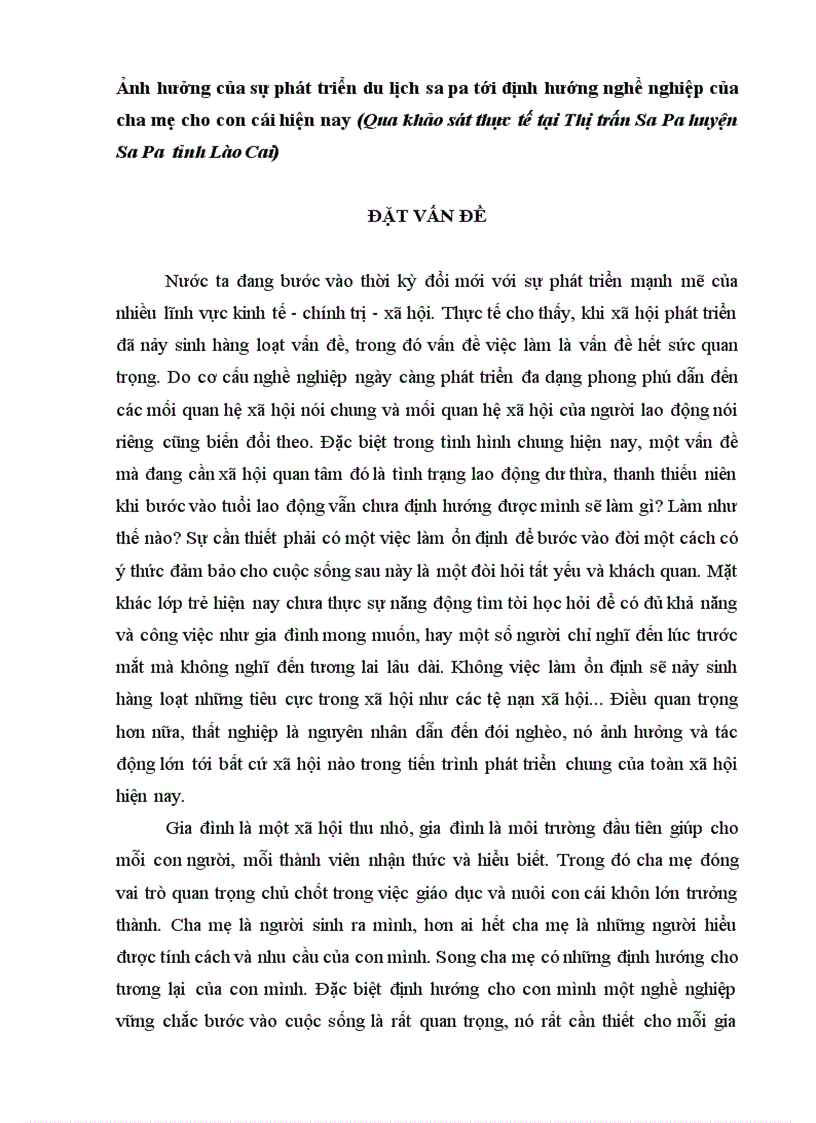 Ảnh hưởng của sự phát triển du lịch sa pa tới định hướng nghề nghiệp của cha mẹ cho con cái hiện nay