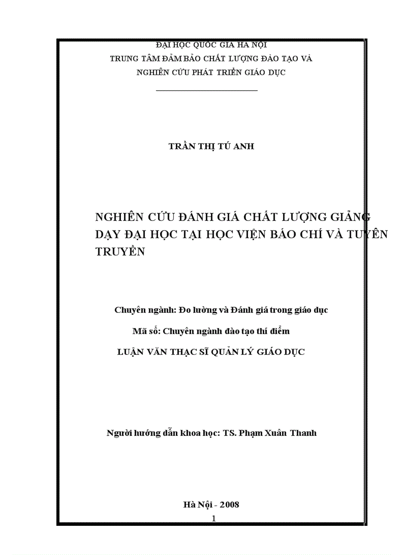 Nghiên cứu đánh giá chất lượng giảng dạy đại học tại học viện báo chí và tuyên truyền