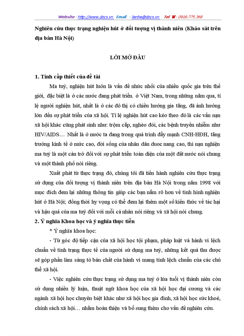 Nghiên cứu thực trạng nghiện hút ở đối tượng vị thành niên Khảo sát trên địa bàn Hà Nội