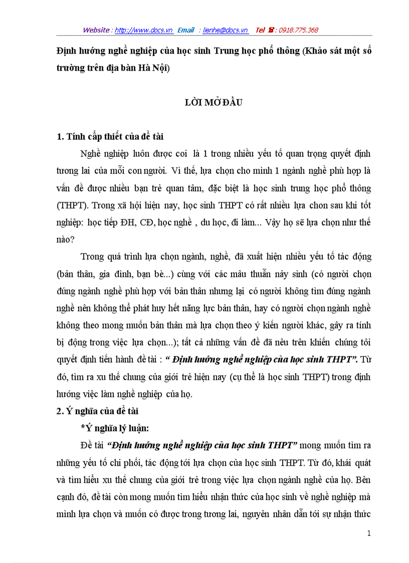 Định hướng nghề nghiệp của học sinh Trung học phổ thông Khảo sát một số trường trên địa bàn Hà Nội