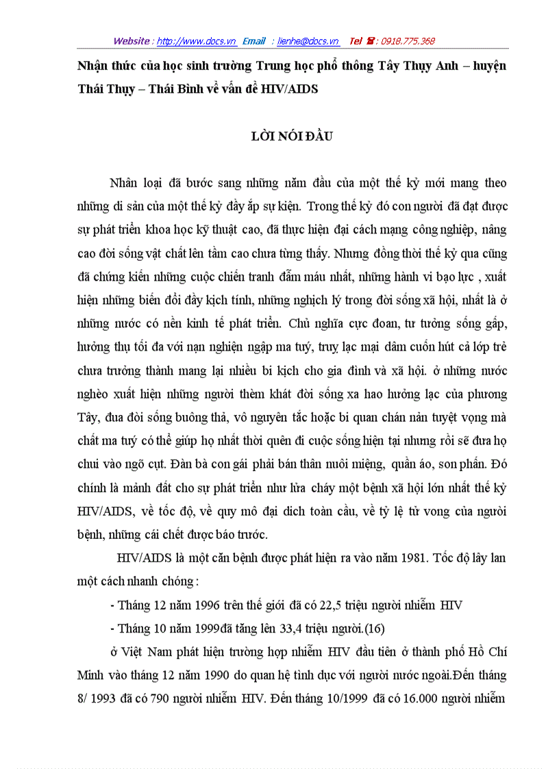Nhận thức của học sinh trường Trung học phổ thông Tây Thụy Anh huyện Thái Thụy Thái Bình về vấn đề HIV AIDS